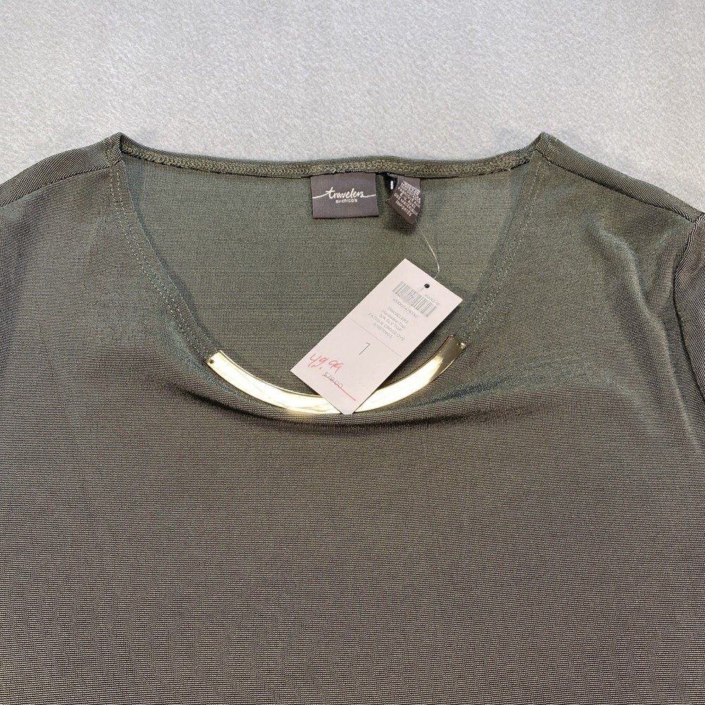 Chicos Travelers Green Liquid‎ Slinky Knit 3/4 Sleeve Blouse Size Medium 1 NWT - Picture 3 of 8